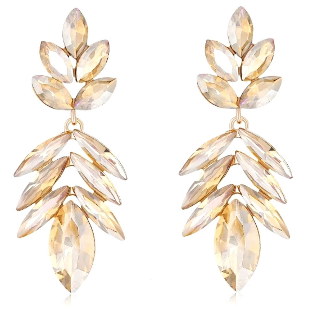 Kolczyki złote z listkami i łezkami w kolorze szampana