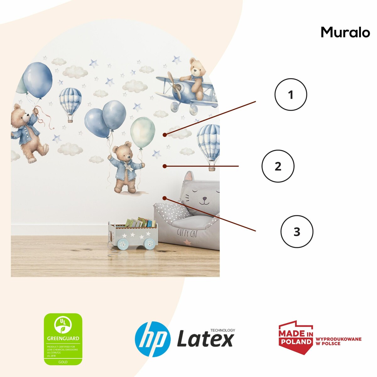 Naklejki Na Ścianę Dla Dzieci MISIE Balony Samoloty Chmurki Gwiazdki ZESTAW 120x60cm