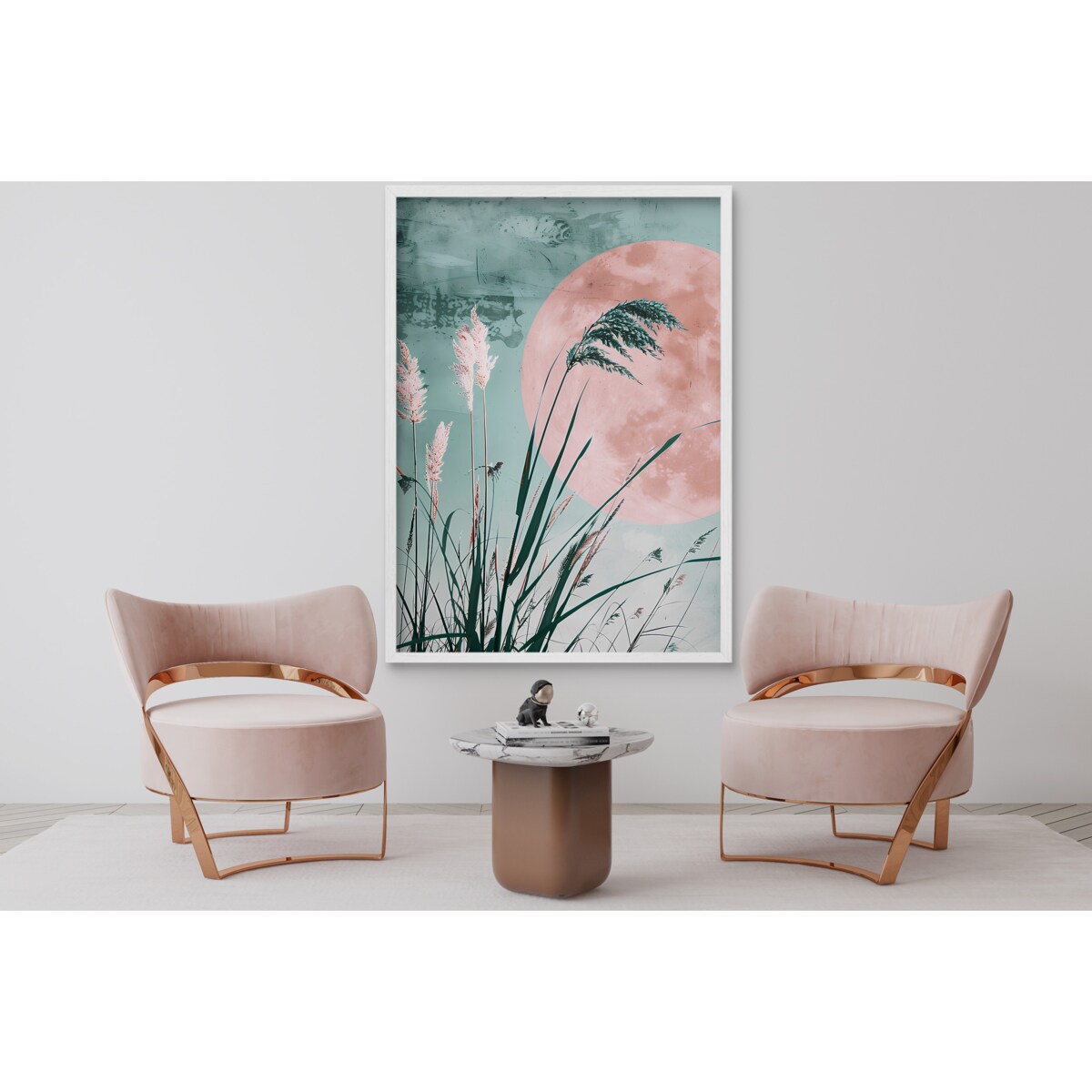 Obraz Plakat Pastelowa Dekoracja w Białej ramie Trawy do sypialni 50x70