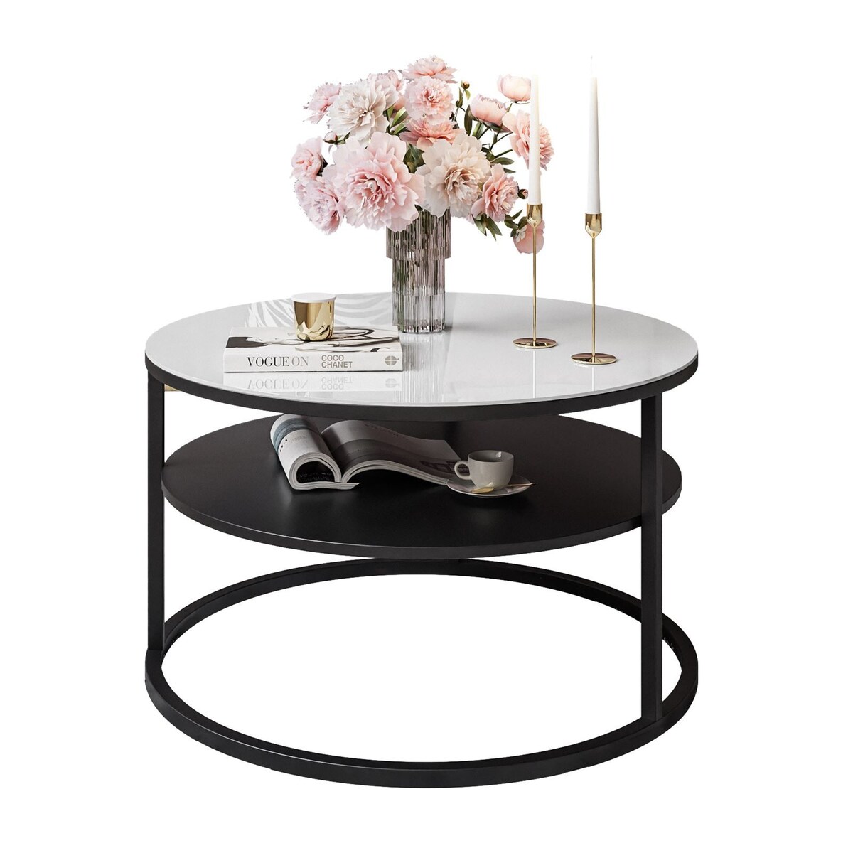 Stolik kawowy CIRI z półką czarny białe szkło