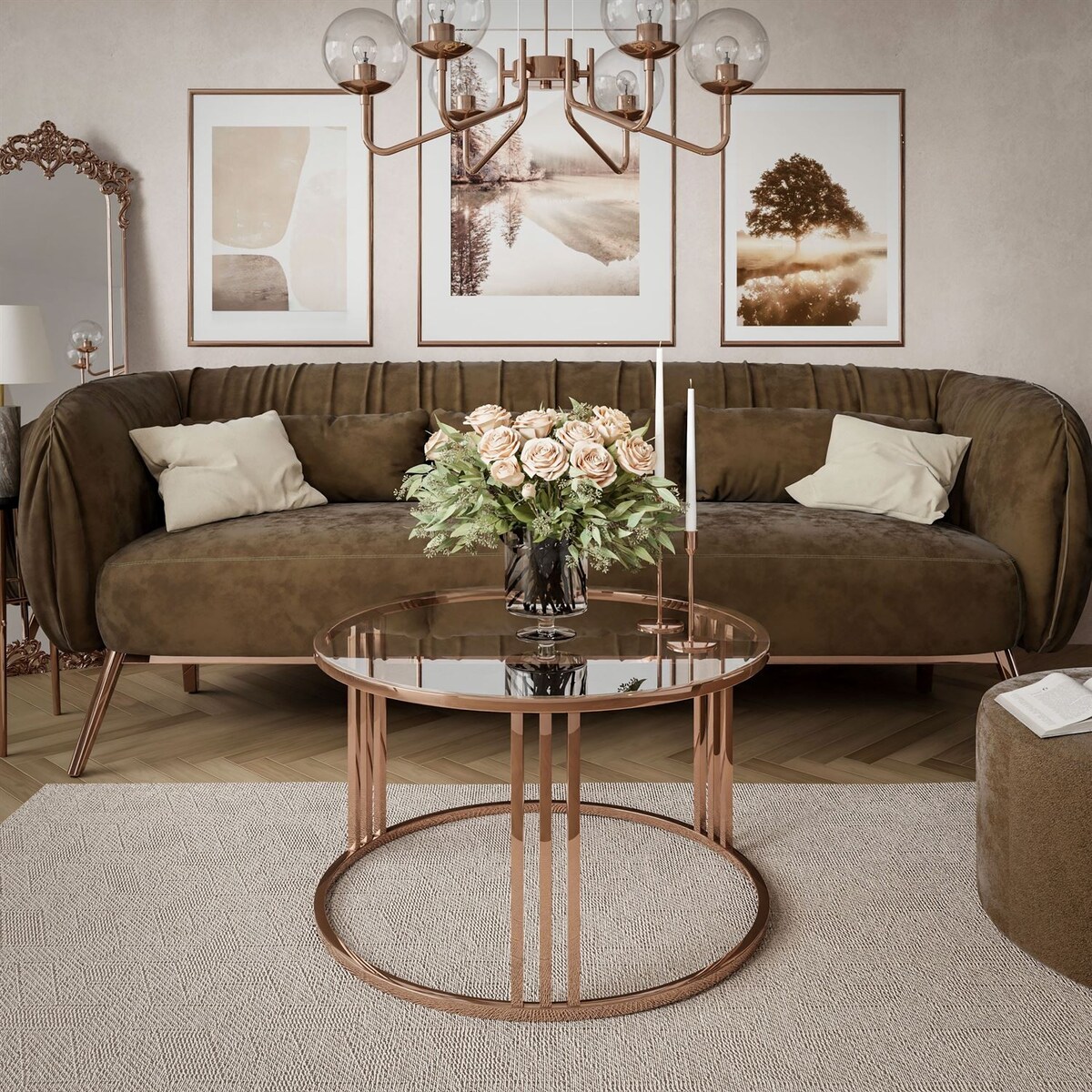 Okrągły stolik kawowy LORI GLASS z miedzianym stelażem, przezroczyste szkło