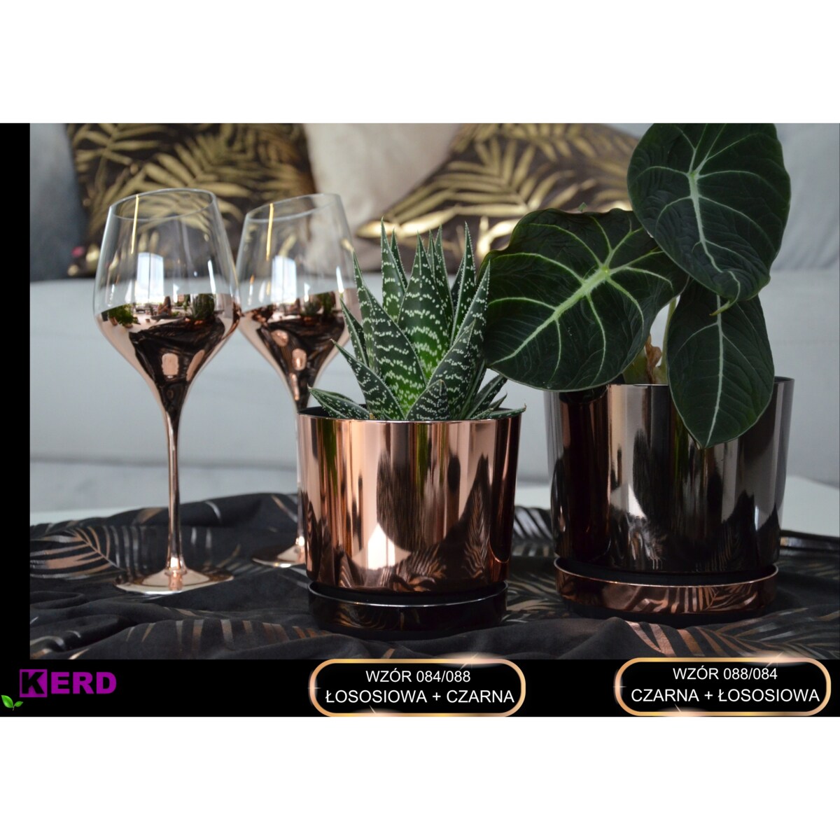 26 Doniczka DUO ŁOSOSIOWA z podstawką CZARNA dwukolorowa nowoczesna glamour wysoki połysk elegancka różowe złoto industrialny loft