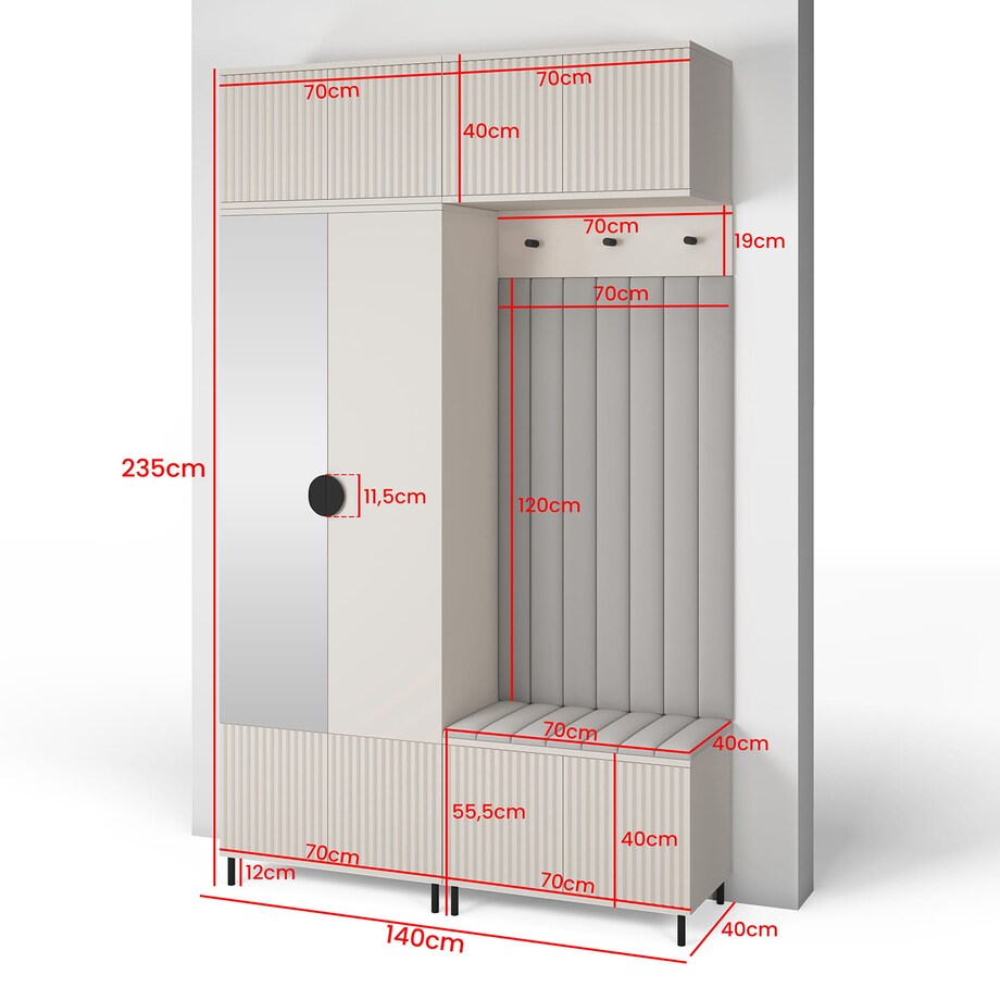 Garderoba Ritmo wersja 2 z lustrem i panelami Trinity 06 Cashmere