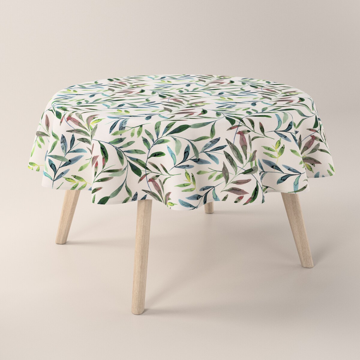 Obrus okrągły 130 x 130 cm zielone gałązki na białym tle