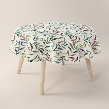 Obrus okrągły 130 x 130 cm zielone gałązki na białym tle