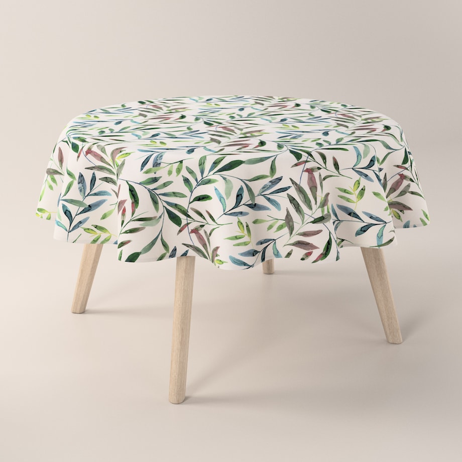 Obrus okrągły 130 x 130 cm zielone gałązki na białym tle