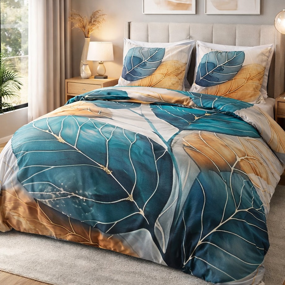 Pościel satyna bawełniana 220x200 Satynlove Premium Liście złote i turkusowe