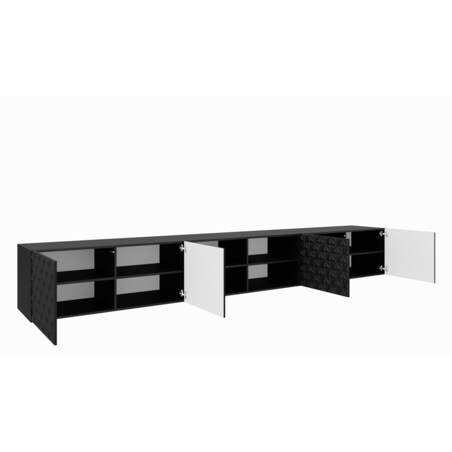 Szafka RTV ALI 300 cm otwarta z półkami, z ozdobnymi frontami-czarna