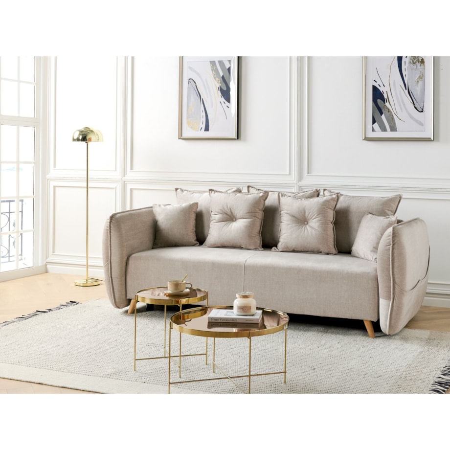 Sofa rozkładana welurowa z pojemnikiem beżowoszara VALLANES