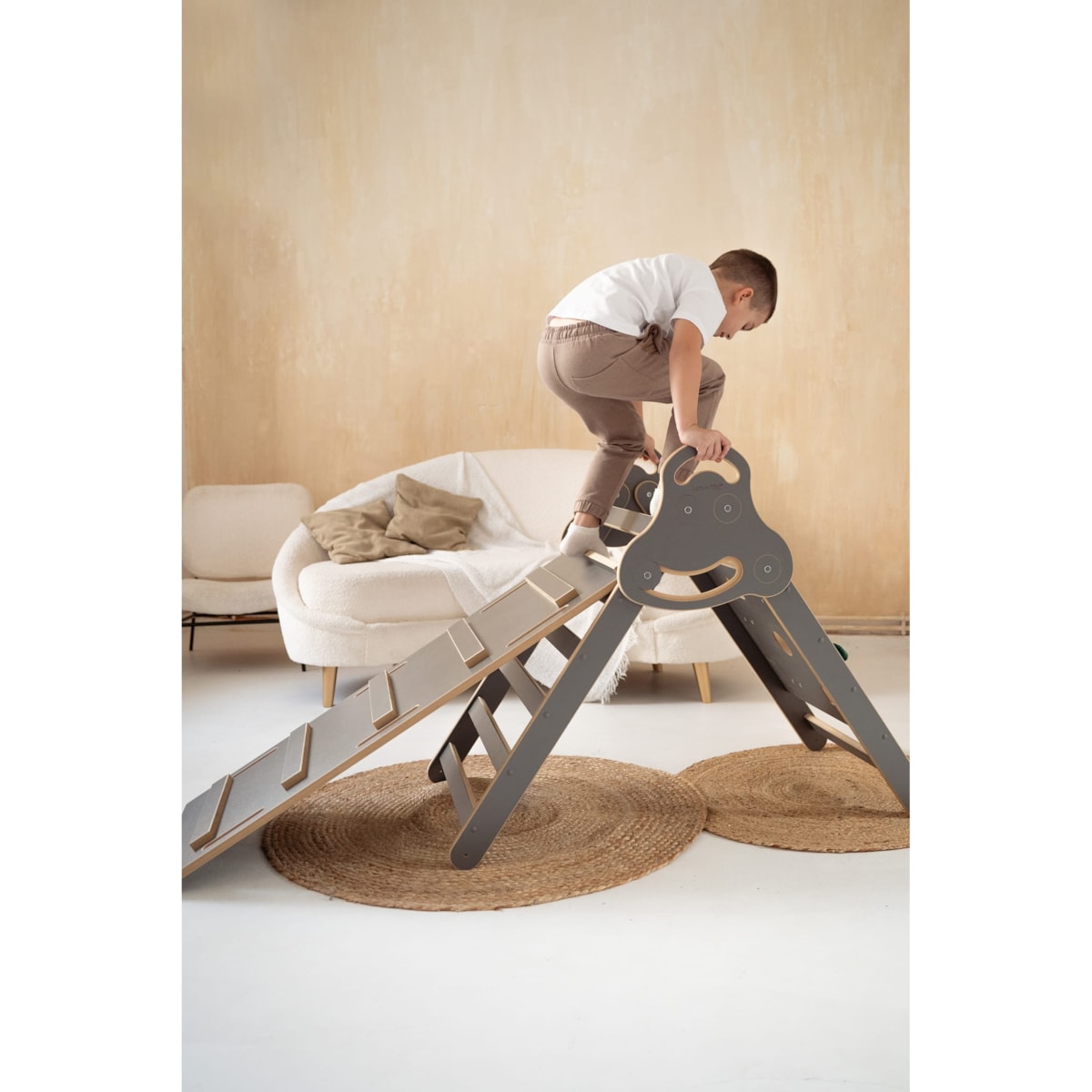 Drabinka Pikler ŚCIANKA WSPINACZKOWA + DUŻA zjeżdżalnia DRABINKA - szara