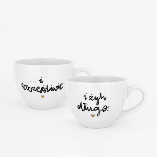 Zestaw 2 białych kubków porcelanowych 500 ml - motyw złotego serca i napisu i żyli długo i szczęśliwie dla nowożeńców na ślub