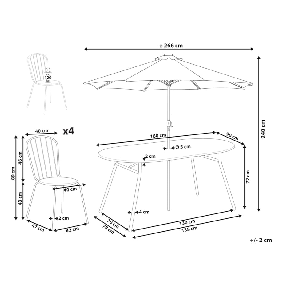 Zestaw ogrodowy metalowy stół i 4 krzesła jasnoniebieski CALVI z parasolem (16 opcji do wyboru)