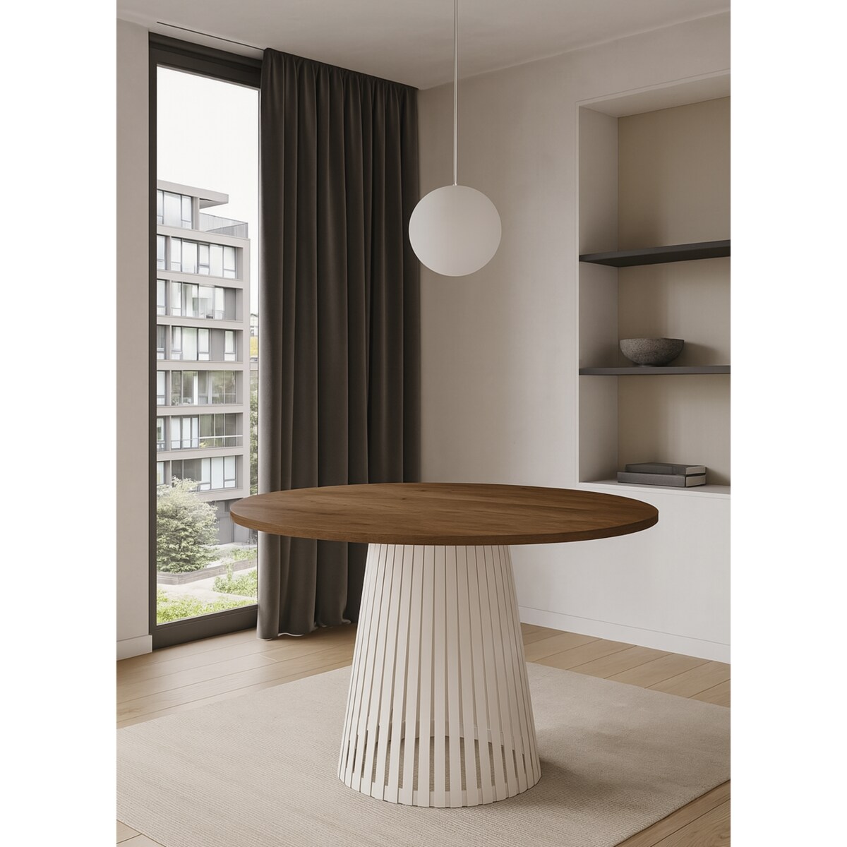 Stół VIV okrągły z lamelami, blat 100cm dąb lefkas- podstawa kaszmir