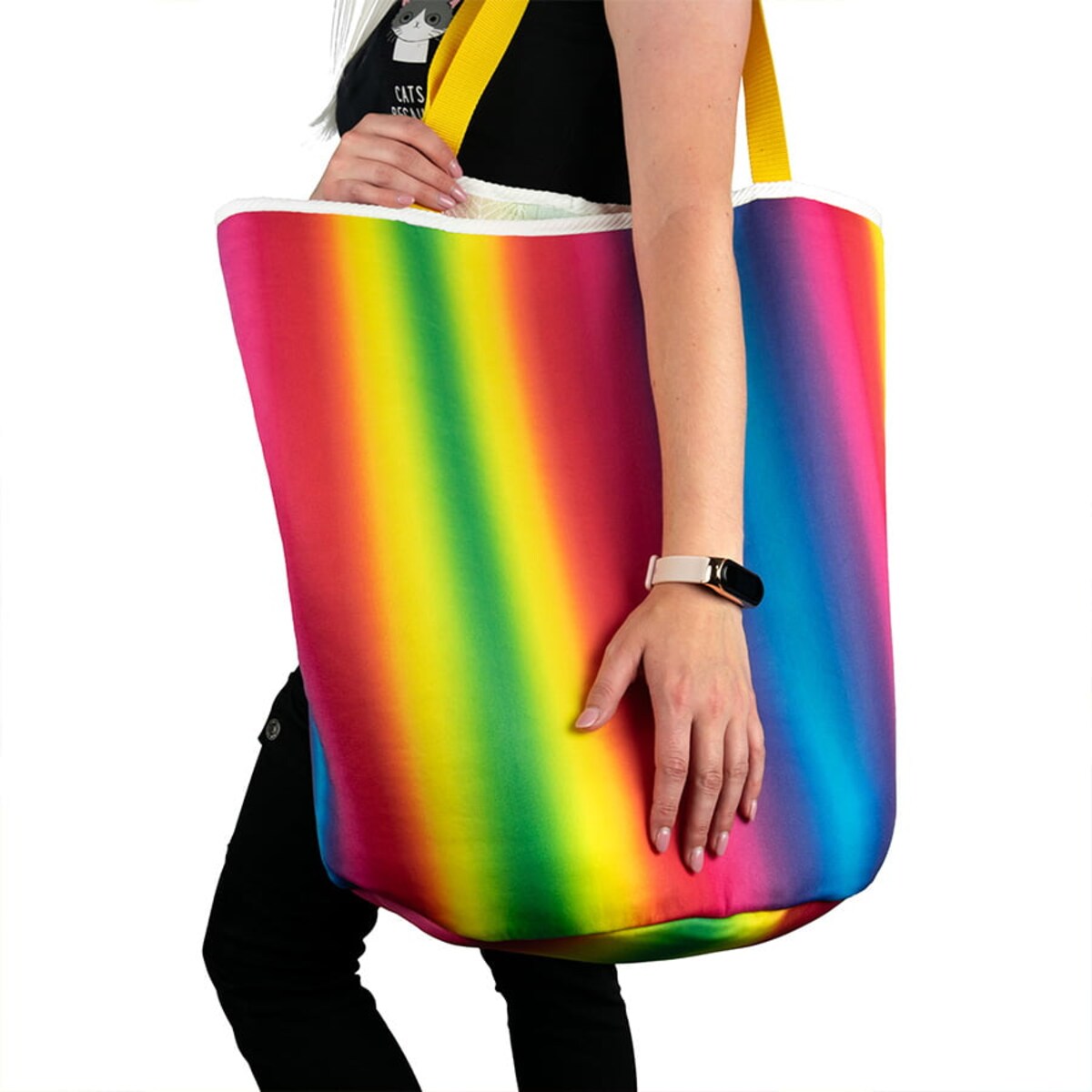 Torba na zakupy z okrągłym spodem, 58x48 tęczowa z koronkowym środkiem