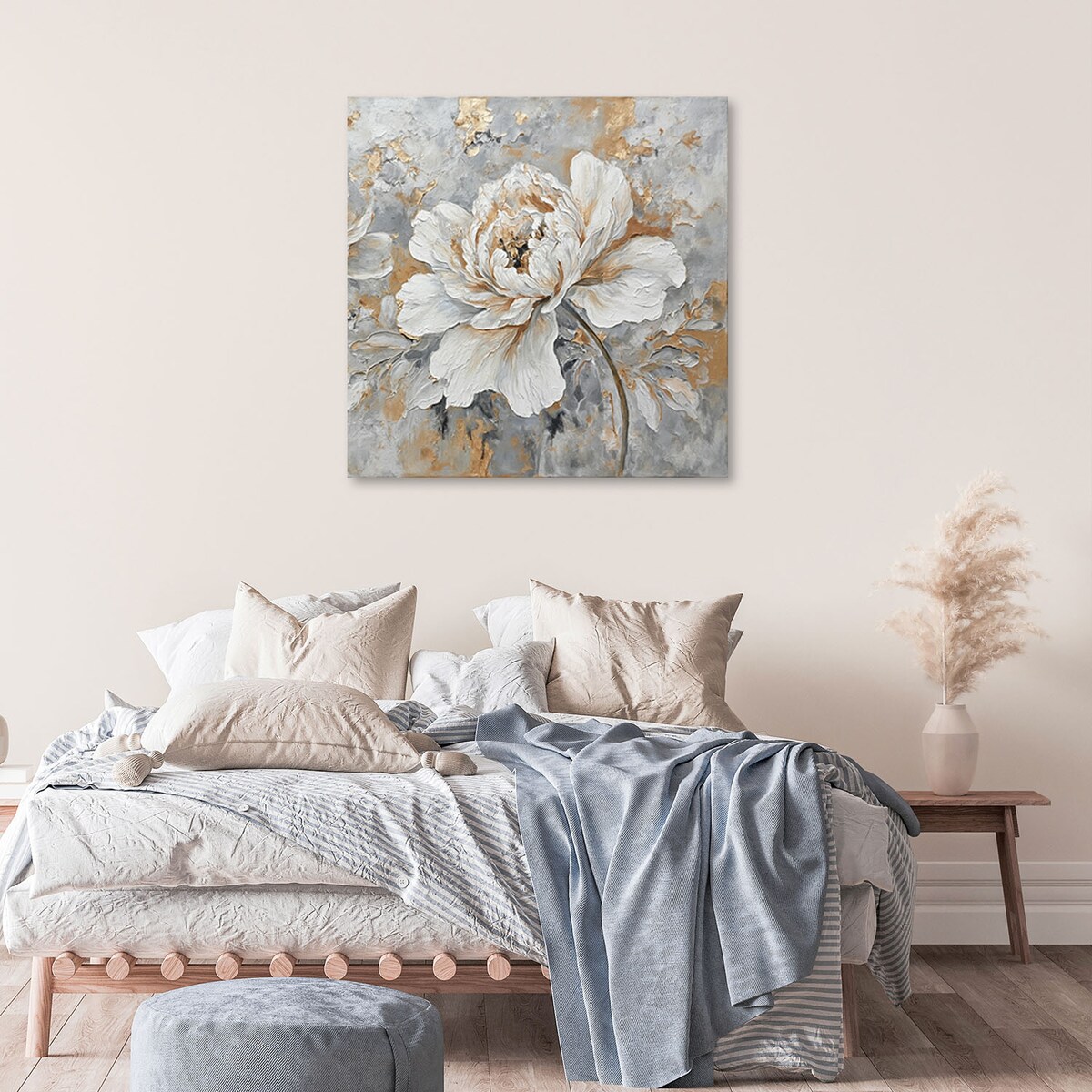 Obrazy do salonu Loft Biała Róża Kwiat Srebrny Złoty 60x60