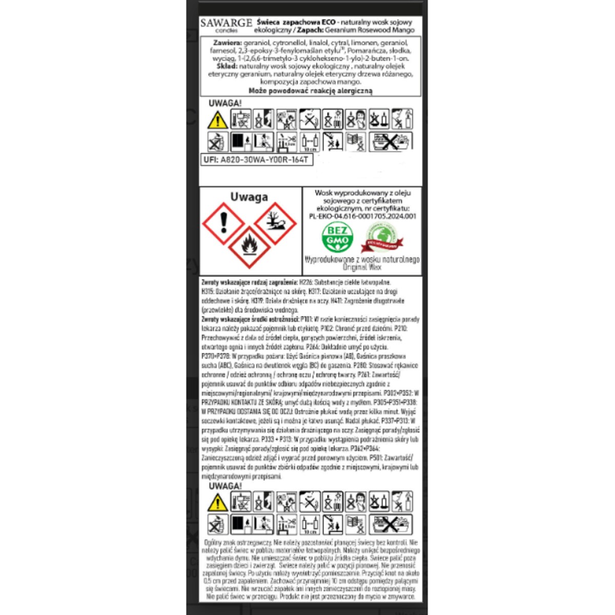 Ekologiczna Świeca Zapachowa Sojowa /70h/ Geranium Rosewood Mango 800 g