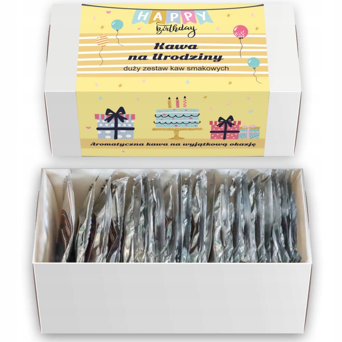ZESTAW PREZENTOWY UPOMINKOWY NA 20 30 40 50 60 URODZINY DLA KOBIETY FACETA NIEJ NIEGO - 20 RÓŻNYCH SMAKÓW KAW DESEROWYCH ARABICA MIELONYCH W SASZETKACH