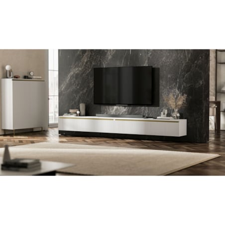 Wisząca Szafka RTV Glamour Komoda RTV Biały Mat 280 cm ryflowane fronty