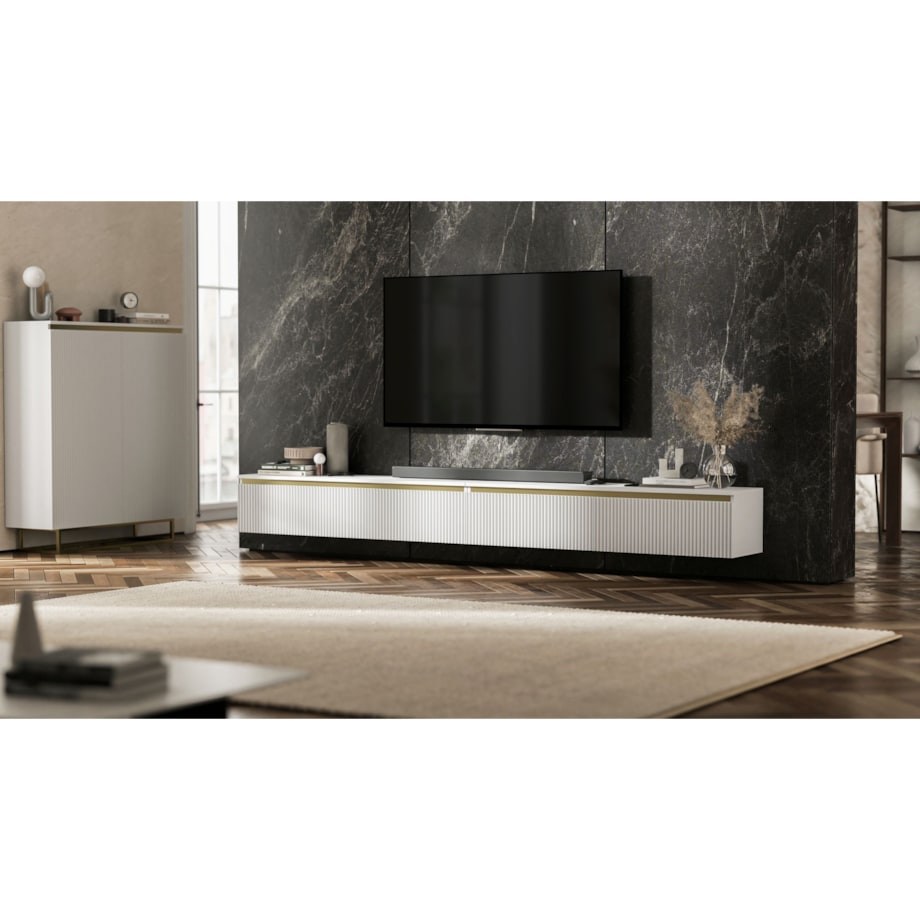 Wisząca Szafka RTV Glamour Komoda RTV Biały Mat 280 cm ryflowane fronty
