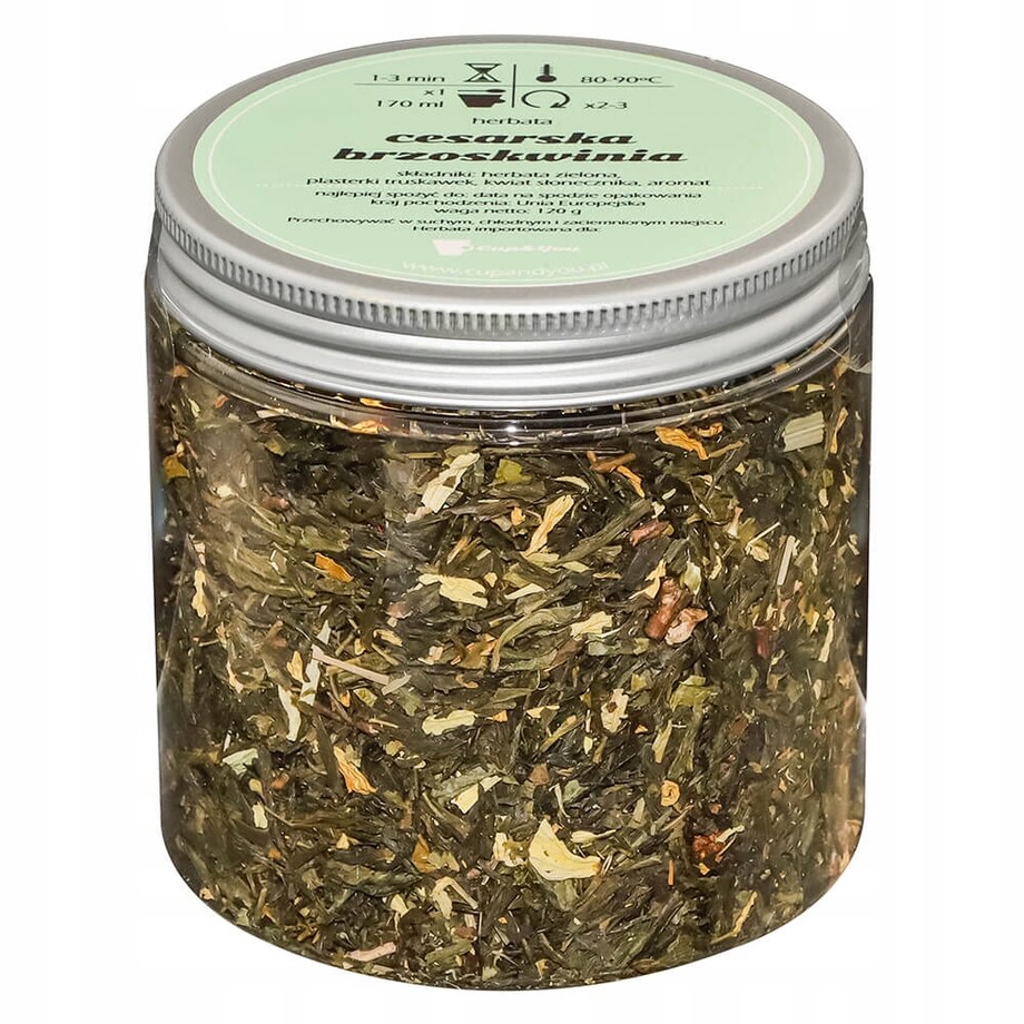Herbata zielona CESARSKA BRZOSKWINIA o smaku słodkiej soczystej brzoskwini - herbata liściasta sypana mieszanka napar susz - gotowa na prezent upominek
