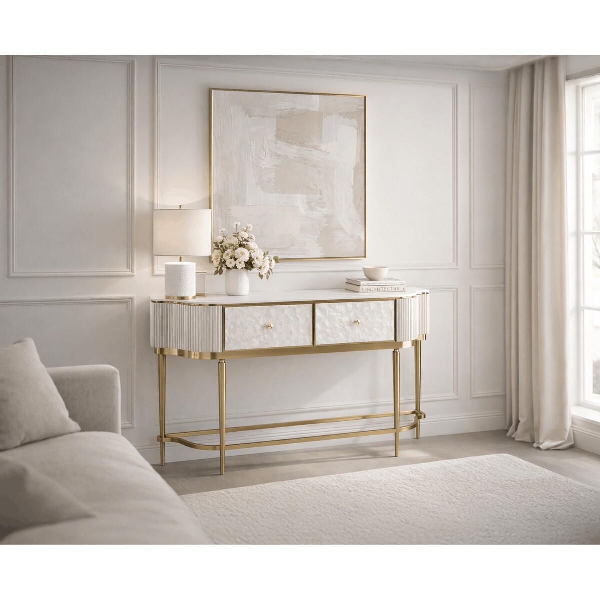 Kremowa konsola glamour z naturalną muszlami i marmurem Champion 140x35x86