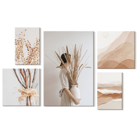 Zestaw 5 obrazów na płótnie - Stylowe boho rośliny krajobrazy - beżowy