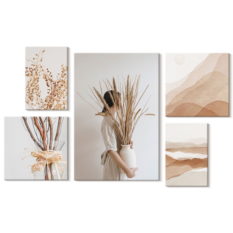 Zestaw 5 obrazów na płótnie - Stylowe boho rośliny krajobrazy - beżowy