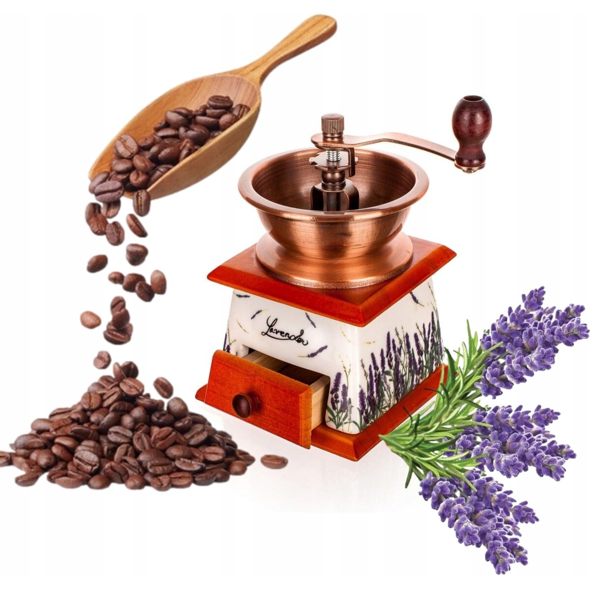 MŁYNEK RĘCZNY do mielenia kawy przypraw Lawenda na prezent bliskich babci
