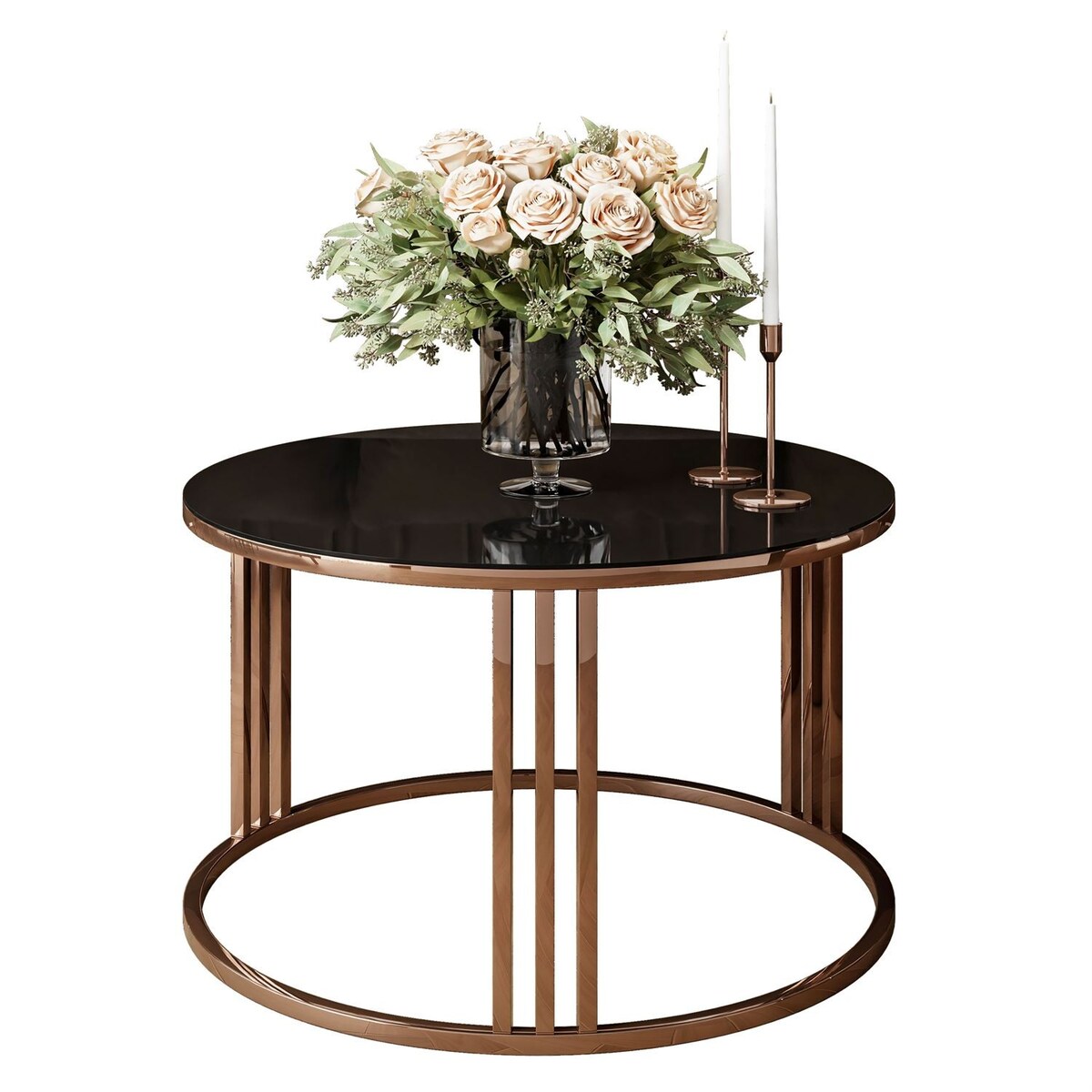 Okrągły stolik kawowy LORI GLASS z miedzianym stelażem, czarne szkło