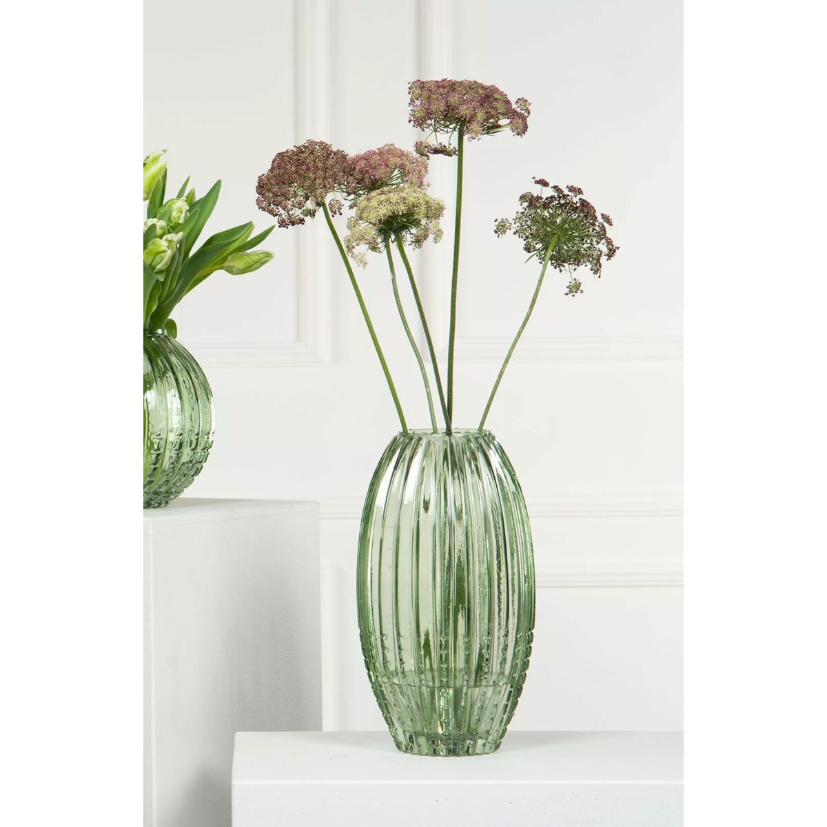 WAZON SZKLANY WYSOKI ZIELONY przezroczysty na bukiety gałązki do salonu