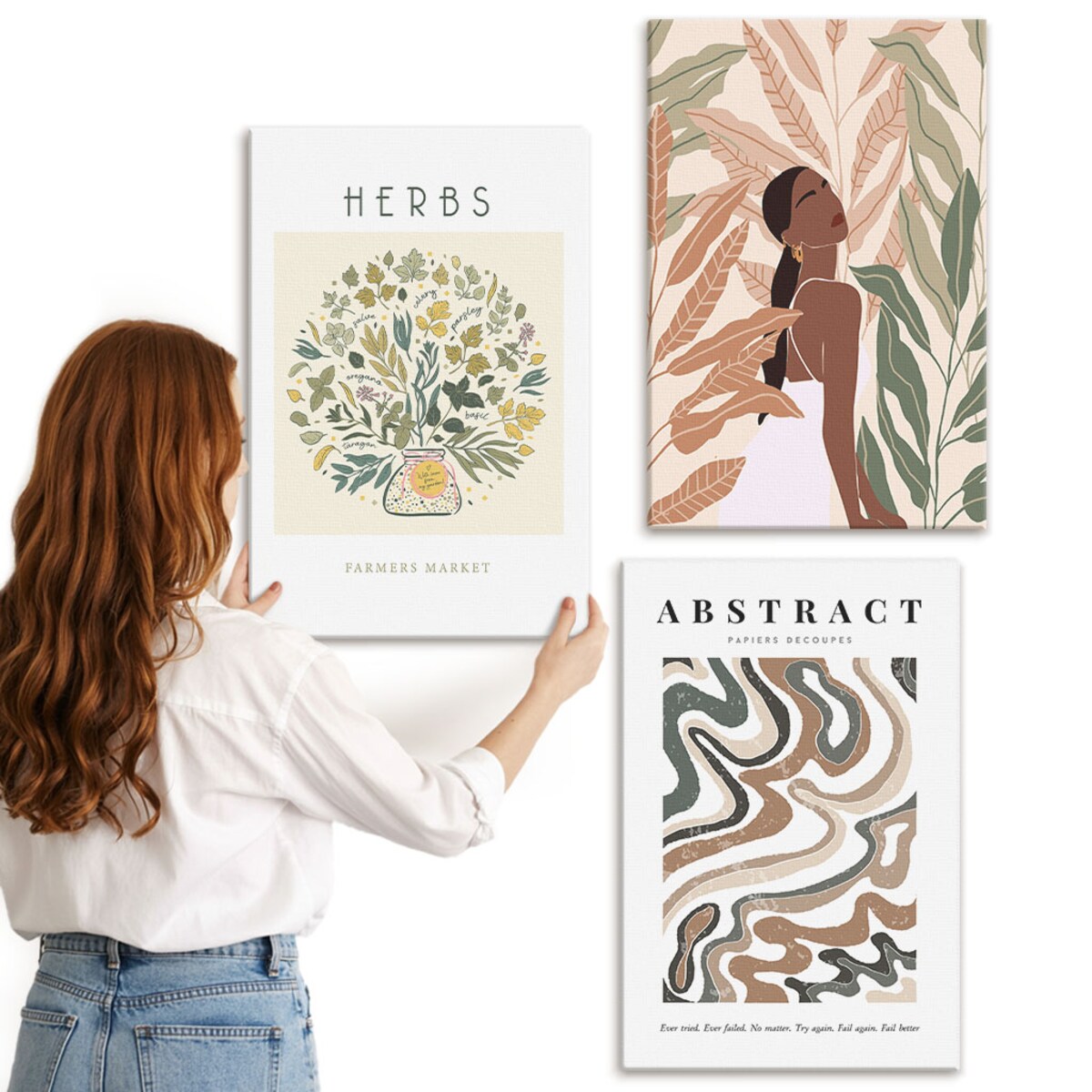 Zestaw 3 dużych obrazów na płótnie - Boho pastelowe plakaty minimalistyczne boho - beżowy