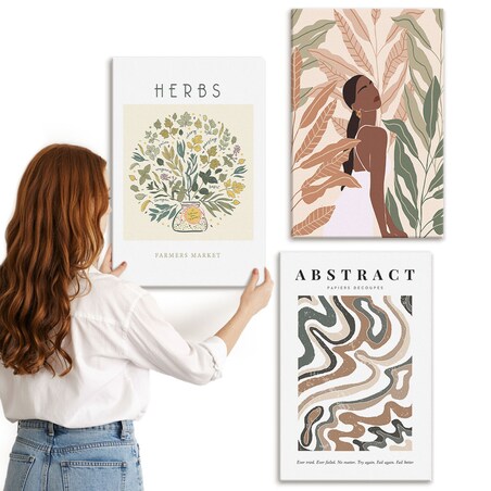 Zestaw 3 dużych obrazów na płótnie - Boho pastelowe plakaty minimalistyczne boho - beżowy