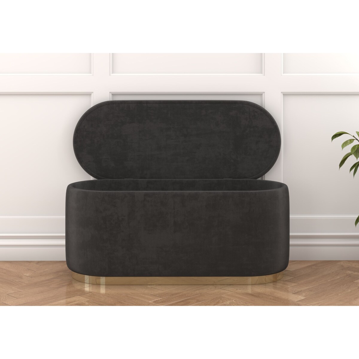 Tapicerowany owalny puf ze schowkiem Dancan SCARLETT na złotej podstawie / szer. 110 cm / szary