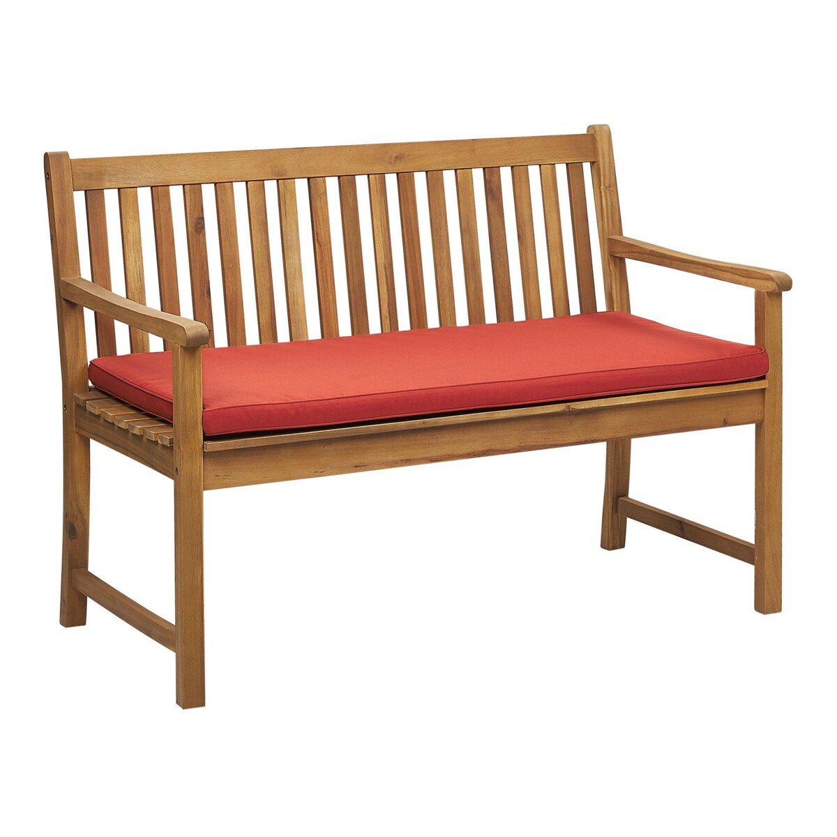 Ławka ogrodowa z certyfikowanego drewna 120 cm z poduszką czerwoną VIVARA