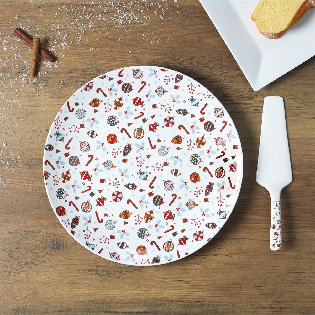 TALERZ NA CIASTO Z ŁOPATKĄ świąteczny 30 cm biały