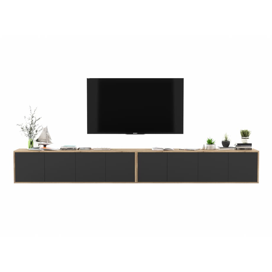 Wisząca Szafka RTV Loft Komoda RTV Dąb Wotan Czarny MAT 300 cm