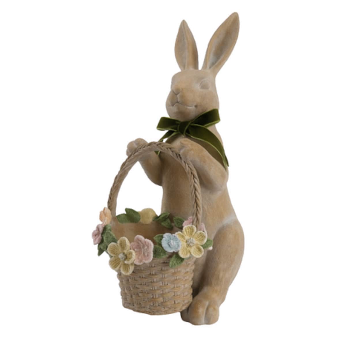 Dekoracja - ceramiczny królik z koszykiem 41,5x17,5x26 cm z zieloną kokardą