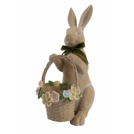 Dekoracja - ceramiczny królik z koszykiem 41,5x17,5x26 cm z zieloną kokardą