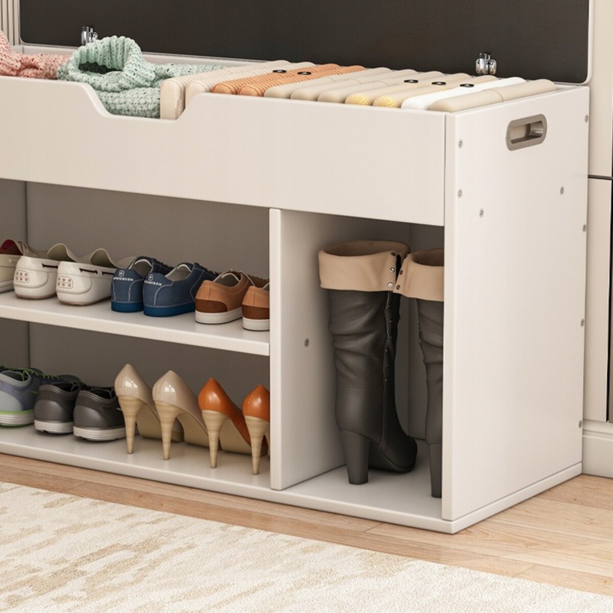 Szafka na buty z siedziskiem drewniana schowek 3 półki otwierana biała 80cm