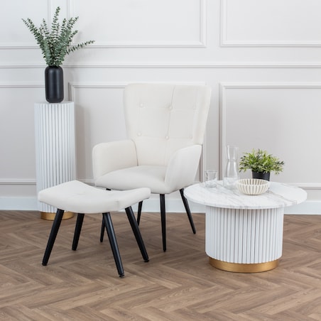 Fotel uszak z podnóżkiem do salonu wypoczynkowy welurowy tapicerowany beżowy