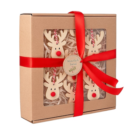 Zawieszki drewniane RENIFERY na choinkę ozdoby zestaw na prezent w pudełku