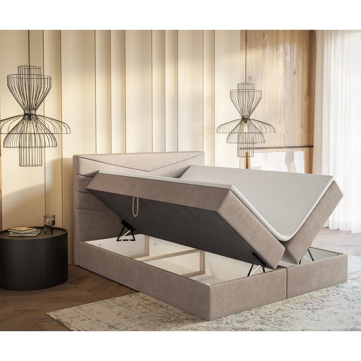 Łóżko kontynentalne G6 do sypialni 160x200 z pojemnikiem i materacem-beżowe