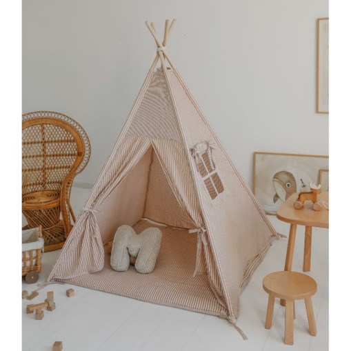 Beige Stripes – tipi, namiot dla dzieci z matą podłogową z dwustronnego muślinu