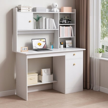 Biurko komputerowe białe loft z 7 półkami