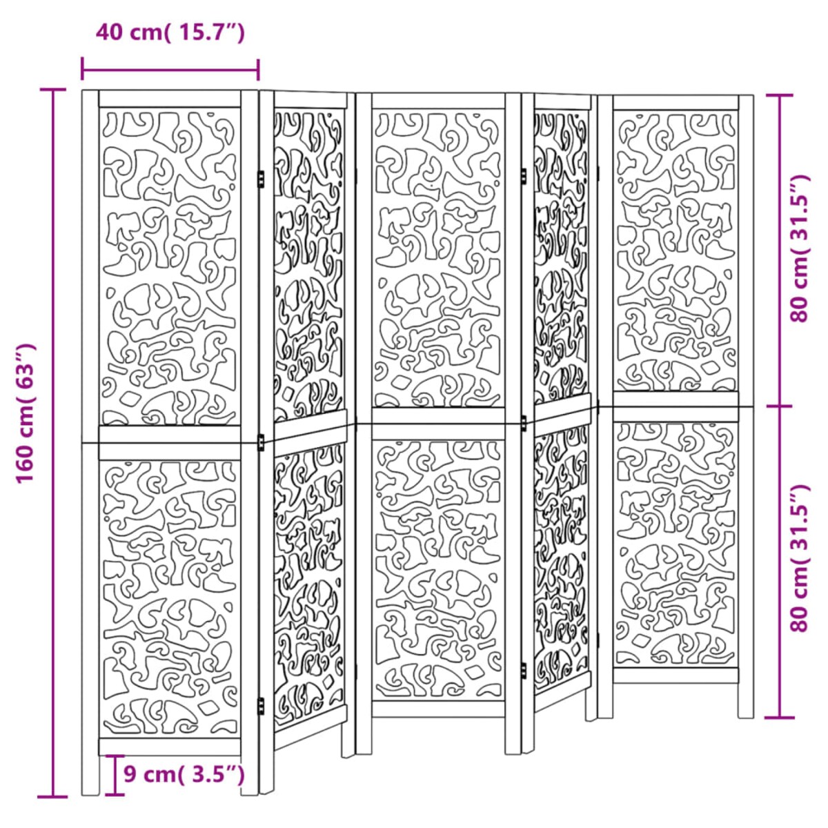 vidaXL Parawan pokojowy, 5-panelowy, czarny, lite drewno paulowni