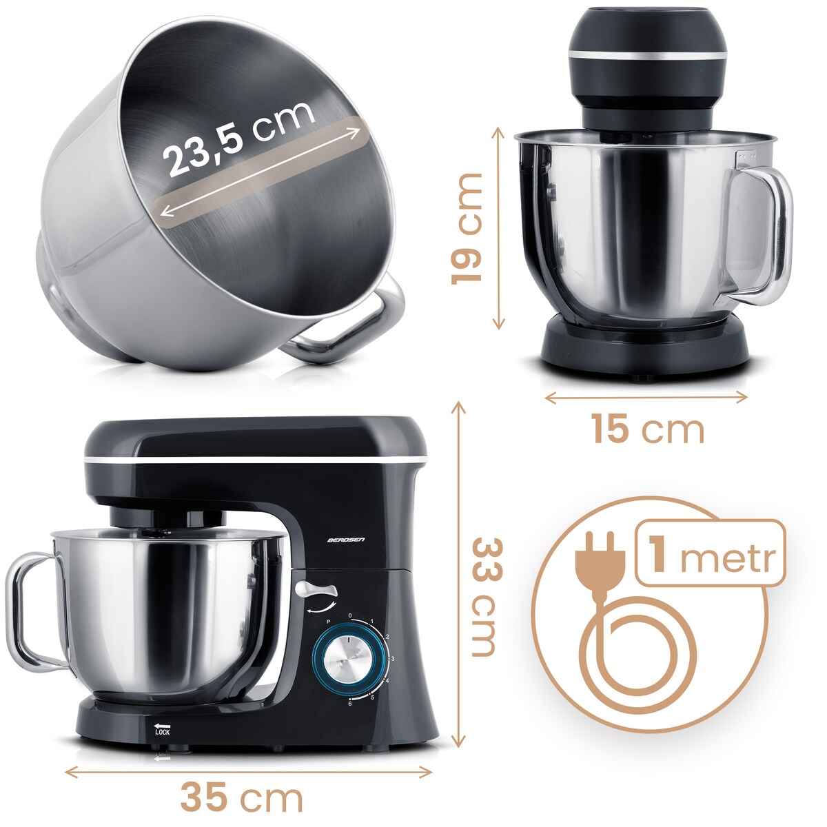 Robot kuchenny planetarny mikser Berdsen 1400W 3w1 6l czarno-srebrny 375600