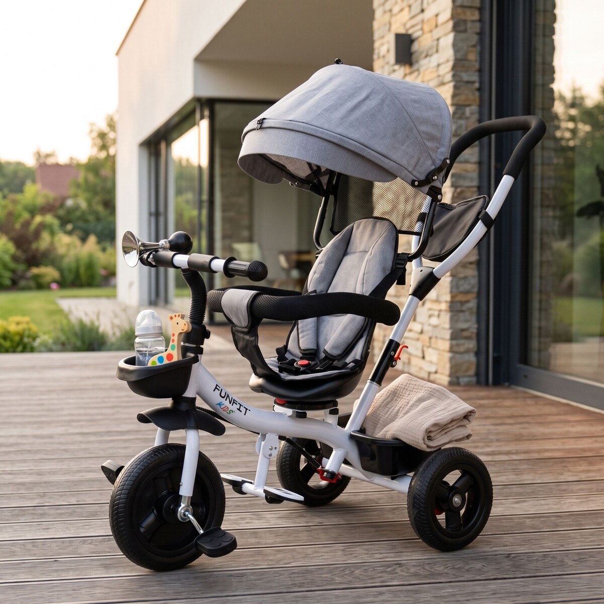 Rowerek trójkołowy spacerowy dla dzieci Funfit Kids szary z trąbką