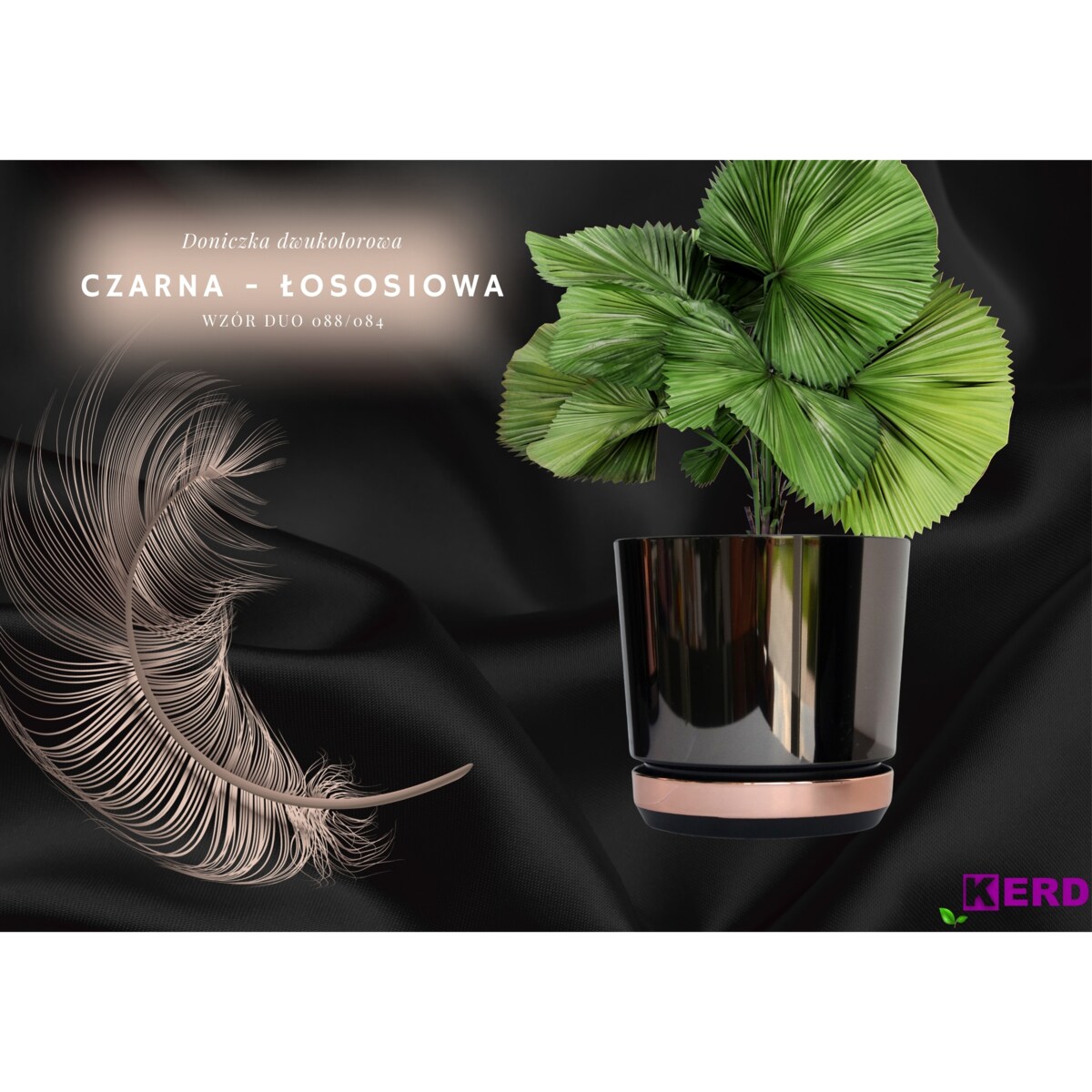 12 Doniczka DUO CZARNA z podstawką ŁOSOSIOWA dwukolorowa nowoczesna industrialny loft glamour wysoki połysk metaliczna elegancka