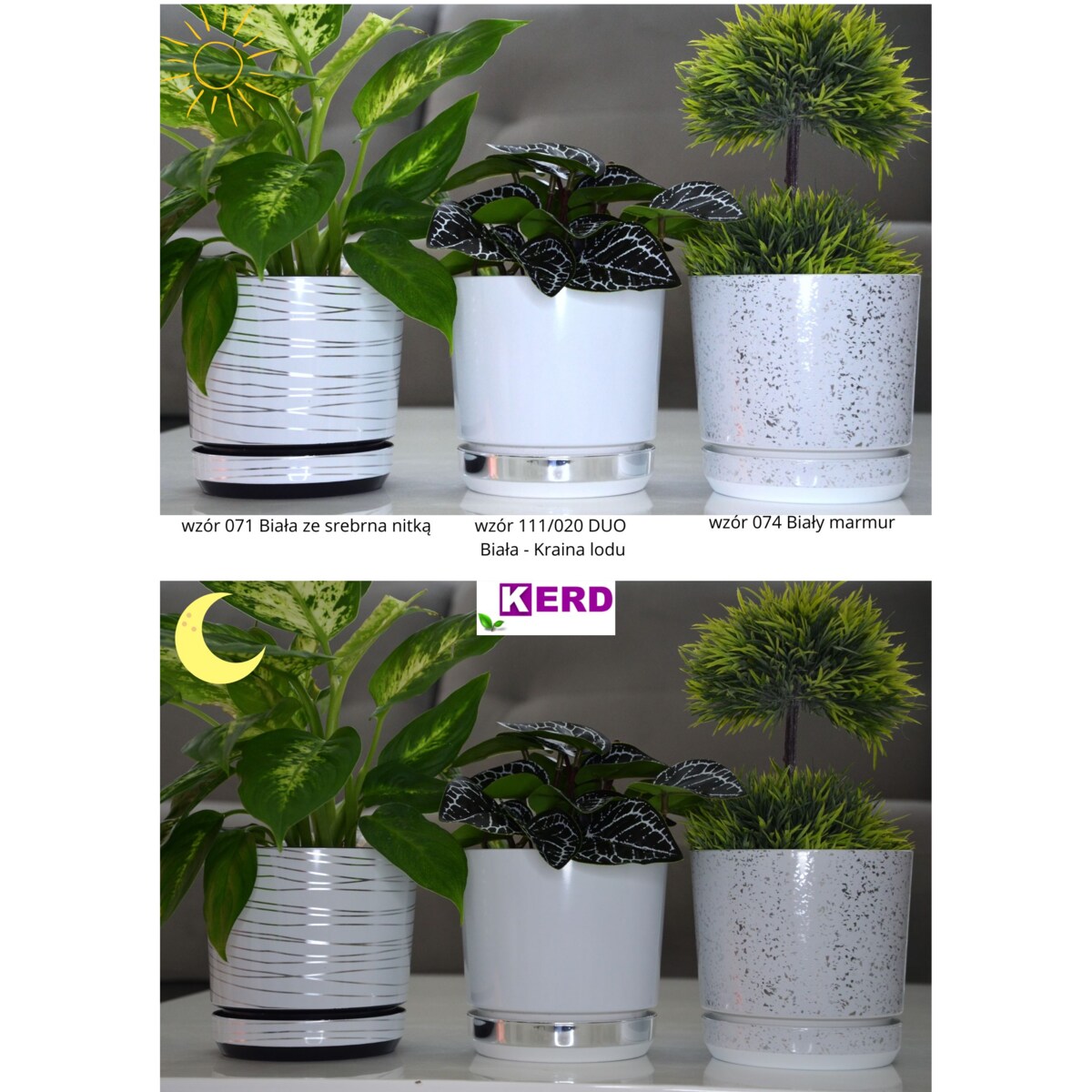 14 cm wzór BIAŁY MARMUR Doniczka z podstawką piękne lustrzane drobinki srebrne elementy elegancka