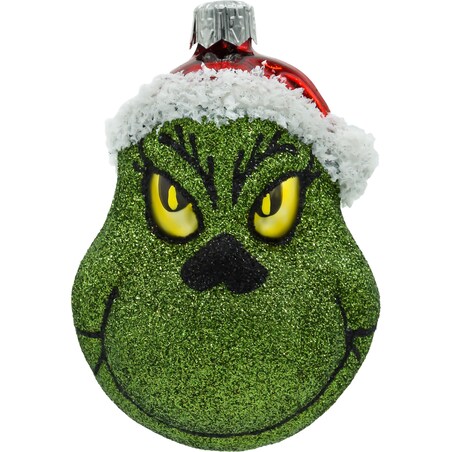Bombka choinkowa: Zielony stwór Grinch w czapce Mikołaja: brokatowy